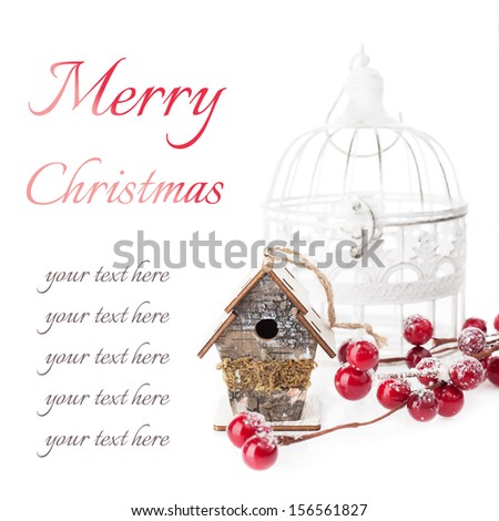 Christmas composition: birdhouse and vintage bird cage