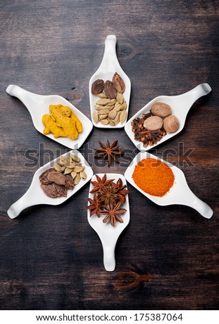 Assorted spices in  serving spoons