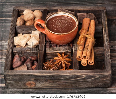 Hot chocolate and vintage wooden box with spices