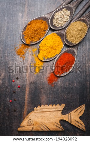 Spices in wooden spoons. Chili powder, turmeric, masala, cardamom, coriander