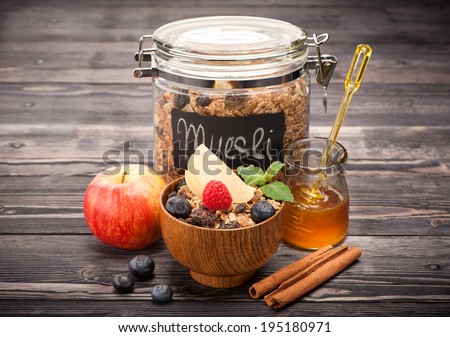 Muesli with honey, berries and fruits. healthy Breakfast