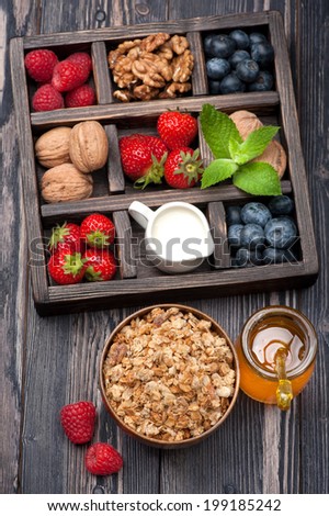 Granola muesli with berries, honey, nuts and milk