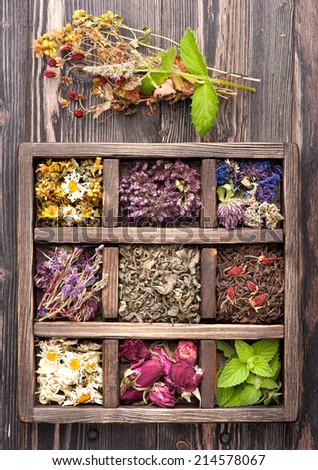 Dried Herbs and flowers in vintage box