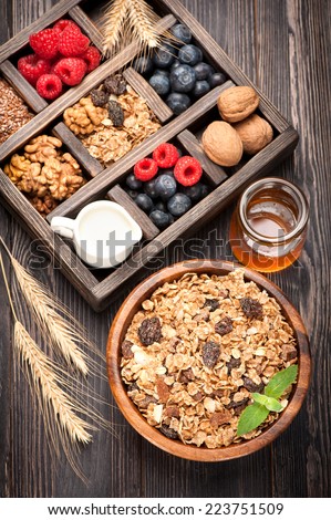 Granola muesli with berries, honey, nuts and milk. foods for breakfast