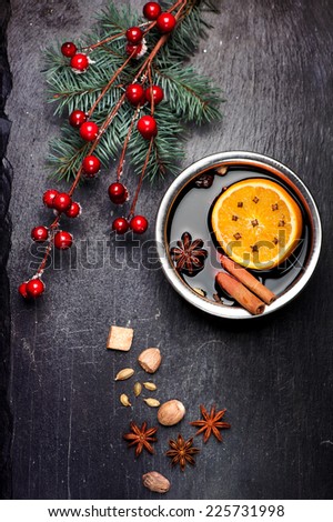 Christmas mulled wine and spices. Chalk board background