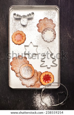 Christmas cookies and cookies  cutters. Christmas baking background