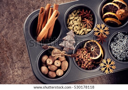 Christmas spices for baking cookies or Stollen,  top view