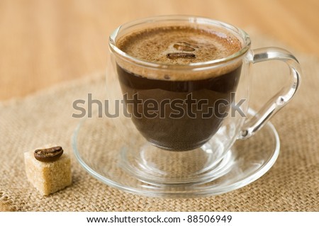 cup of coffee, sugar, coffee beans