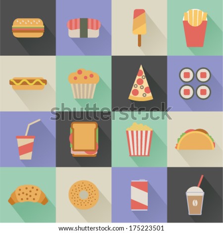 flat fast food icons on colorful square background flat fast food icons on colorful square background