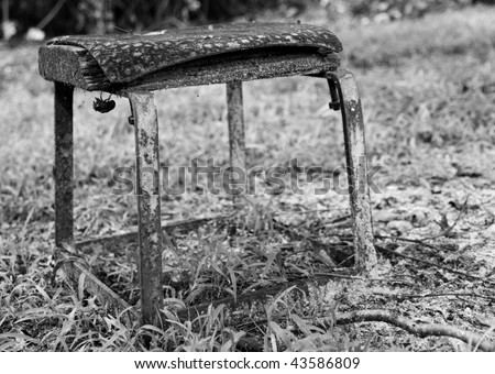 an old dilapidated, worn out by the weather chair in the garden. Image converted to black and white