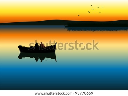 Vector illustration of two men silhouette fishing on tranquil lake