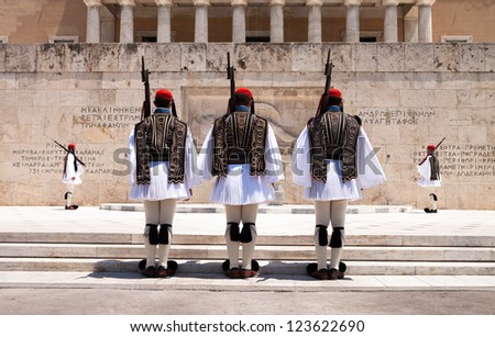 ATHENS, GREECE - JULY 15: The Changing of the Guard ceremony takes place in front of the Greek Parliament Building on July 15, 2012 in Athens, Greece.
