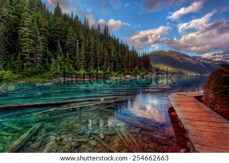 Sunken logs in a crystal clear mountain lake with evergreen trees and a wooden walkway