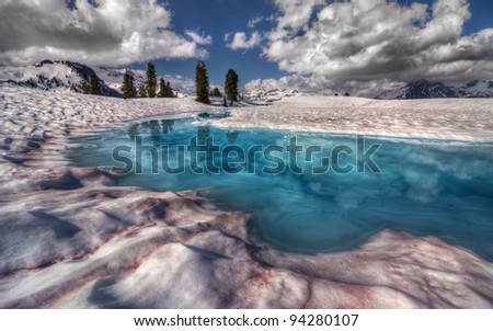 Spring melt turquoise melt pool amidst snow