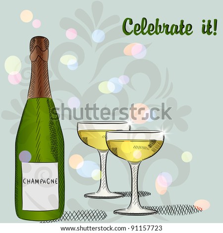 Bottle of champagne and two glasses, Celebrate It background concept