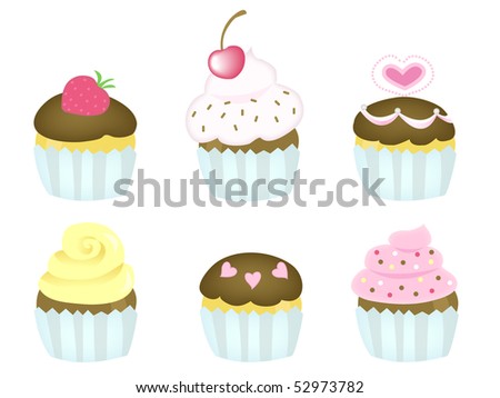 Cupcakes: Six cute, stylized cupcakes with various types of cake, frosting, and embellishments.