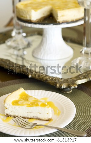 Table set with Swirled Mango Cheesecake Ready to Eat