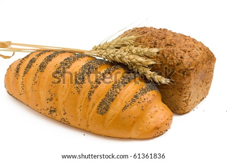 Long loaf with a poppy, grain bread, wheat ear on the white