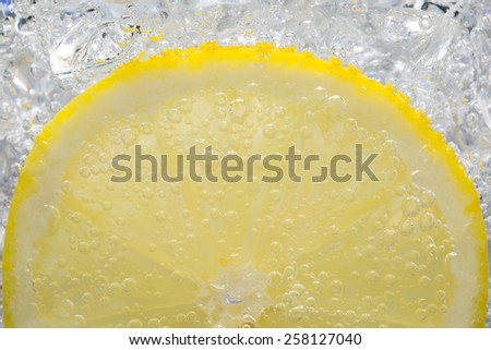 Lemon Slice in Fizzy Water Bubble Background with ice cube