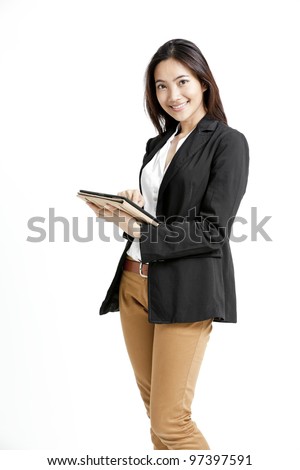 Woman holding tablet computer isolated on white background.