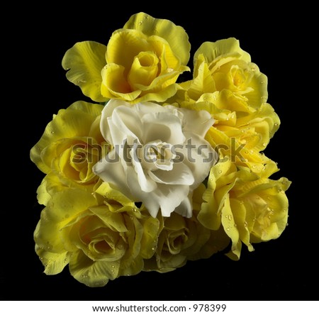 posy of yellow roses with raindrop effect and central white rose