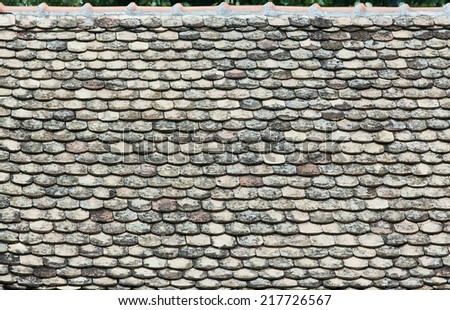 Pattern of old tiles on the roof, damaged and ruined