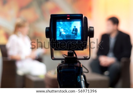 Video camera viewfinder recording show in TV studio focus on camera Video camera viewfinder recording show in TV studio focus on camera