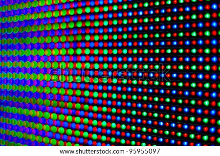 RGB led diode display panel with red blue and green diodes turned on. Selective focus. Shallow depth of field.