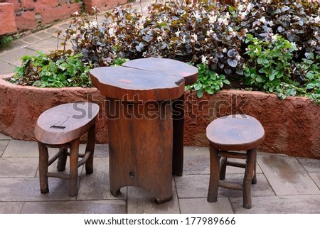 Wood patio table in terrace,Built from old wood.