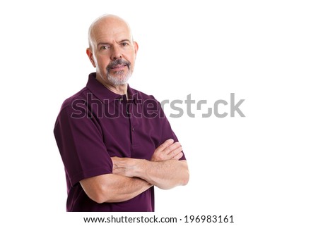 Portrait of mature man in purple polo shirt isolated on white polo shirt fold his arms isolated on white