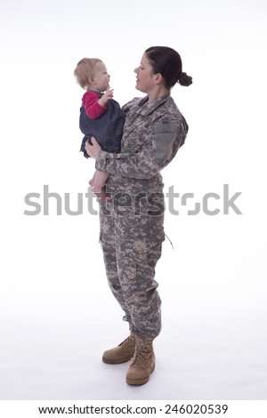 Us military mother holding her child on white background