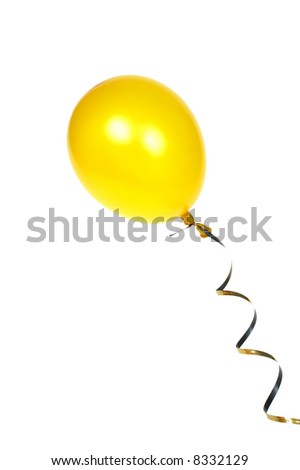 Yellow balloon with ribbon isolated on white background