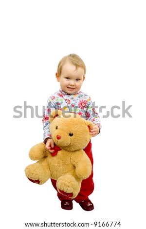 Baby girl with toy bear isolated on white background