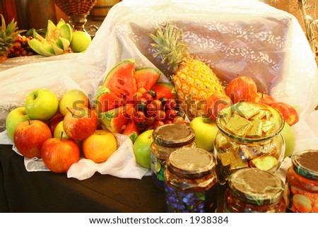 Fruits and jams on a table