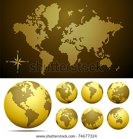 Vector dotted Map and Globe of the World Gold Easy change colors Eps8 Vector dotted Map and Globe of the World Gold Easy change colors Eps8