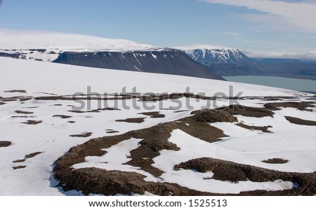 Aerial from above Hofsjokull Glacier in Iceland meeting lake