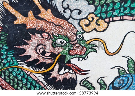 Drawing of dragon head on the temple wall