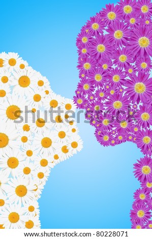 Man, woman face silhouette with flowers. Profile couple.