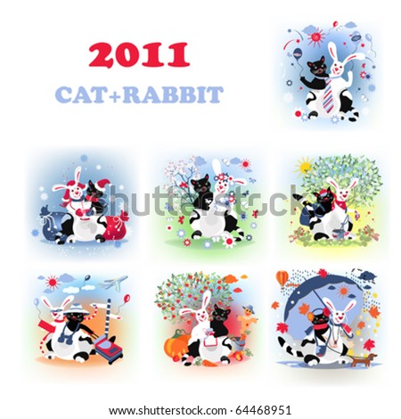 stock vector : Set of funny postcards for 2011, with fantastic cat-rabbit creature
