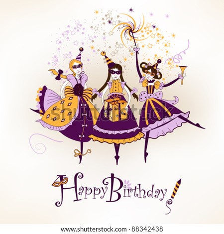 Birthday Postcards on Vector   Festive Happy Birthday Postcard With Funny Girl Characters