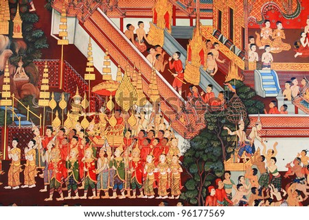 Traditional Thai style art with the story about Buddha.