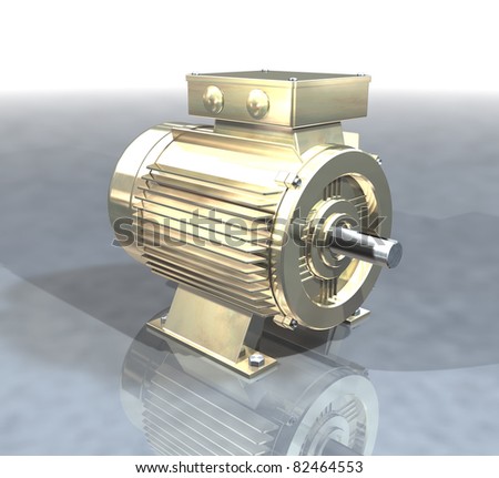 A gold electric motor on a reflective floor