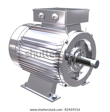 A chrome or stainless steel electric motor on white background