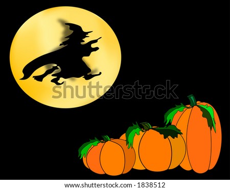 Flying witch against a golden moon sailing over a pumpkin field