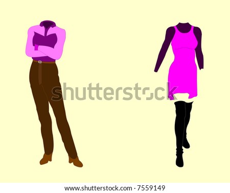 Two clothing outfits. One pantsuit and one pink dress. White background is on a work path