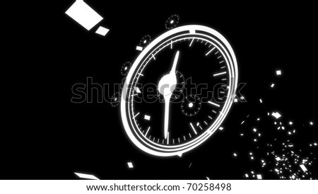 Clock Work Start. Clock with scattered transparent squares on black background.