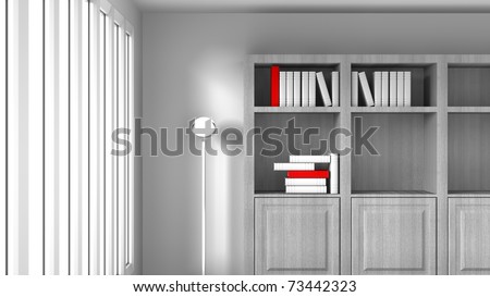 Book shelf and open windows tall with white and red books on the shelf, open white room
