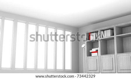 Book shelf and open windows tall with white and red books on the shelf, open white room angle shot