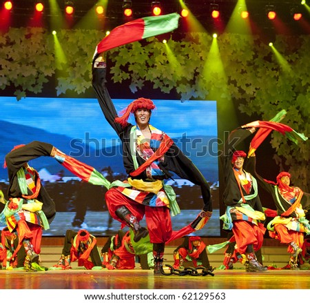 CHENGDU - SEP 28: Chinese Tibetan ethnic dance performed by song and dance troupe of Garze Tibetan autonomous prefecture at JIAOZI theater. Sep 28, 2010 in Chengdu, China.