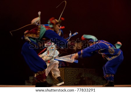 CHENGDU - OCT 26: Chinese opera actor performs traditional drama onstage at Jinsha theater. Oct 26, 2008 in Chengdu, China. The leading role is the famous opera actor Lin Weilin.